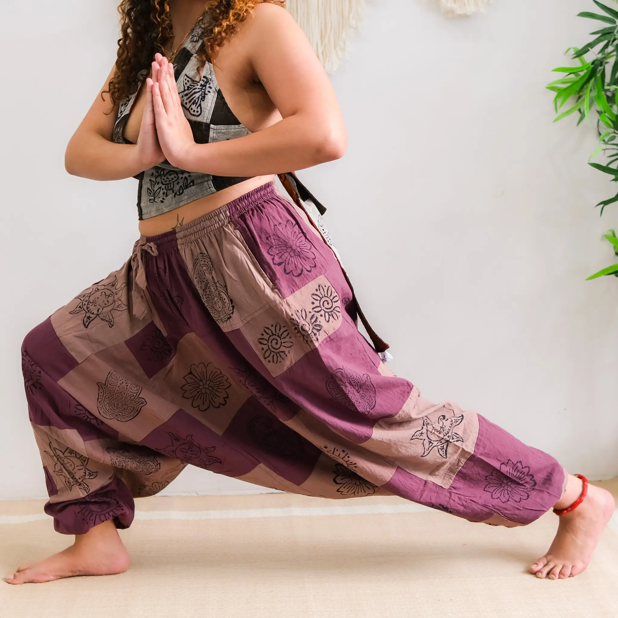 Karma Nepal Crafts Patchwork Harem Unisex Cotton Pants, Patch Hippie Boho Gothic Trousers, Light Weight Festival Pants, Block Print Baggy Pants with Pockets