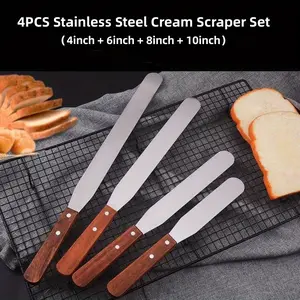 4 Pack Stainless Steel Cake Scoop Set With Wooden Handle Straight Cake Scraper Perfect For Baking Cooking And DIY Cake Decoration Easy To Clean And Hanging Design Dessert Shop Baking Accessories Pastry Decorating Tools Kitchen summervibes