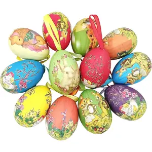 12pcs Vintage Style Paper Mache Foam Egg Hanging Ornaments Easter Decoration