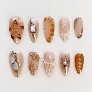 Amber Starfish Nails/Brown Press on nails long almond nails/3D Shell Nails/3D Gold Chrome Nails/Fritillaria Nails/Holiday Beach Nails