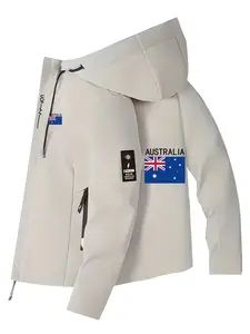 Men's Fashion Jacket with Australian Flag Logo, Zipper Pockets, Casual Hooded Design, Polyester Material, Spring & Fall Wear