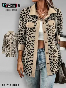 Women's Leopard Print Button Front Drop Shoulder Corduroy Jacket, Casual Long Sleeve Collared Outerwear for Fall & Winter, Ladies Clothes for Daily Wear, Casual Chic Outerwear