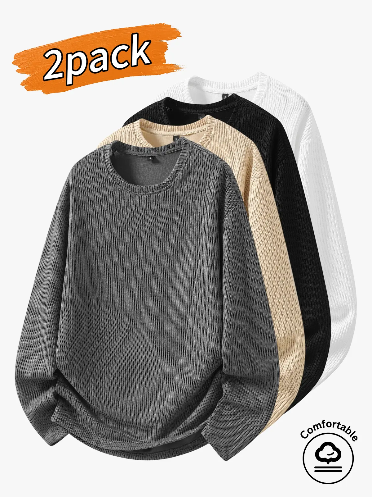 2-pack men's tops, men's long-sleeved sweaters, men's casual long-sleeved sweaters.Regular crew neck is comfortable to wear; the waffle fabric is breathable and doesn’t feel stuffy. The loose fit feels roomy and comfortable when worn. Solid-color basic st