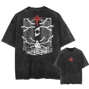 Japanese Anime Graphic Print Washed Short Sleeved Round Neck Y2k Tshirt Men Clothing in Top & Tees Mens T-Shirt Camisetas 62967