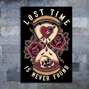 1pc Frameless Canvas Poster 12x18 inches- "Lost Time is Never Found" Neo Traditional Tattoo Hourglass Design with Vibrant Red Roses& Black Skull, Perfect for Bedroom, Living Room, Hallway Wall Art, Room Decor, Gift for Friends, Family, and Colleagues