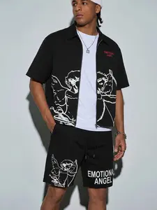 Retro Streetwear Angel Print Zip-Up Shirt Set, Men's "Emotional Angel" Cupid Graphic 2-Piece Co-Ord, Black Casual Streetwear, Great for Street Style, Daily Errands, Casual Sports, Everyday Occasions #springsaledeals2026 #summeroutfits #fyp #casualstreetwe