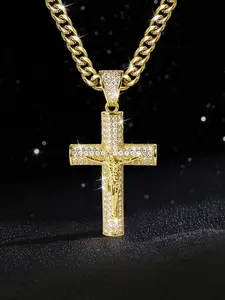 Studded Jesus Cross Necklace Cuban Chain, Unisex Fashion High Street Jewelry, Perfect Gift for Teachers Day & Graduation