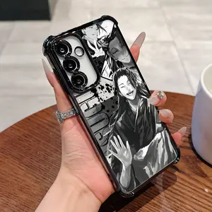 Business Black and White Graffiti Anime Character Trendy Geto Suguru Phone Case Suitable for Galaxy S25 Edge, S24, S23, S22, S21 FE, Note20 Ultra Plus 4G 5G - Black Frame Anti-Drop Transparent Back Cover with Luxury Premium Feel