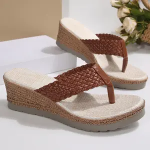 Women's Breathable Woven Wedge Flip - Flop Sandals Minimalist Non-Slip Slippers for Outdoor