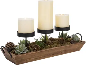 Torched Wood Candle Display Tray Set with Metal Holder and Fake Succulents