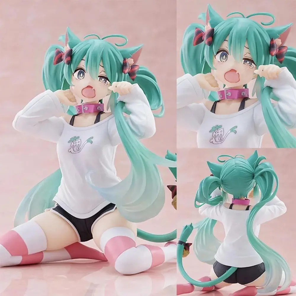 Hatsune Miku Model Anime Girl Figures Cat Ear Sitting Posture Short Sleeved Pajamas Figurines Car Decoration Doll Kids Toys Gift