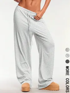 Women's Striped Print Drawstring Waist Pants, Casual Comfy Trousers for Daily Wear, Ladies Bottoms for Fall