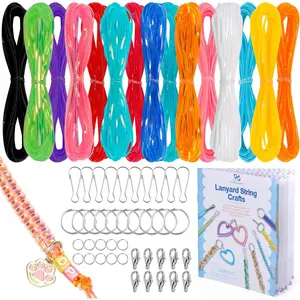 Lanyard String Kit for Summer Camp Adults – 15 Plastic Gimp Strings with 40 Keychain Accessories & Instructions, DIY Bracelets Keychains Gift Craft Set(Solid/Glitter/Laser Colors)