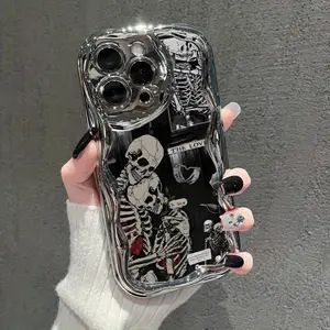 Unique Cute Skull Creative Design Pattern Wave Phone Case, Suitable for iPhone 16 15 14 13 12 11 Pro Max Shockproof Dirt-resistant Soft Case TPU Material