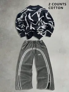 Black Friday Unisex Street Style Sweater Set, Long Sleeve Knit Top & Printed Pants Two-Piece, Casual Loose Fit, Fall & Winter Fashion