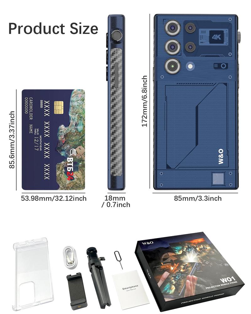 W&O 5G Smart Dual SIM Projector Phone Android 14 (Unlocked)12000mAh Battery – 12GB RAM + 512GB Storage (PD Fast Charging) – Face Unlock,120Hz Projection + OTG Mouse Support、68MP Triple Rear Cameras + 20MP Selfie,Full Band Support T-Mobile, AT&T, Verizon!