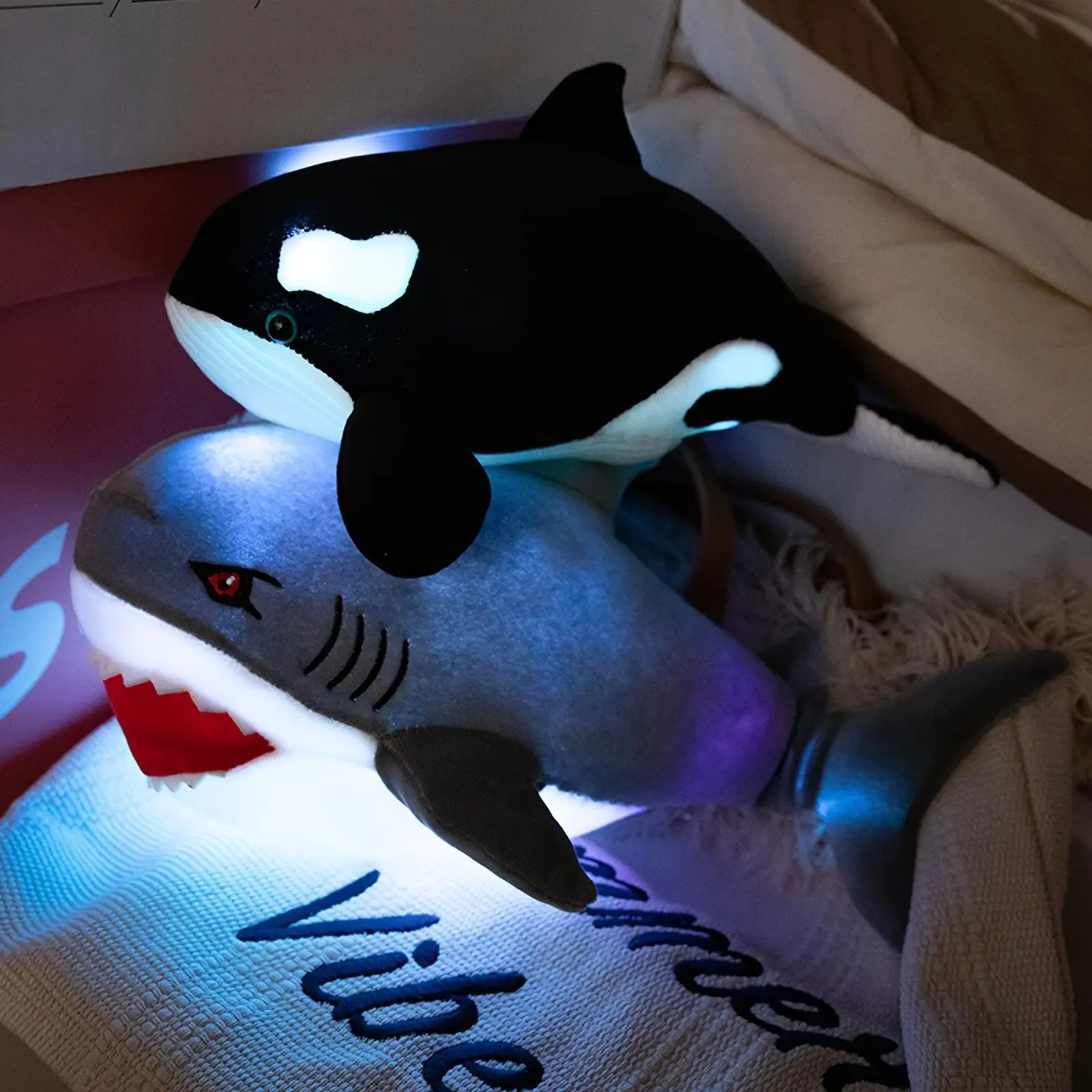 LED Glowing Shark Design Super Soft Fluffy Plush Toy, 1 Count Cute Shark Stuffed Toy, Bedroom Bedside Ornament, Perfect for Birthdays, Festival Gift, Gift for Her, Girl's Gift, Stuffed Animal Gifts