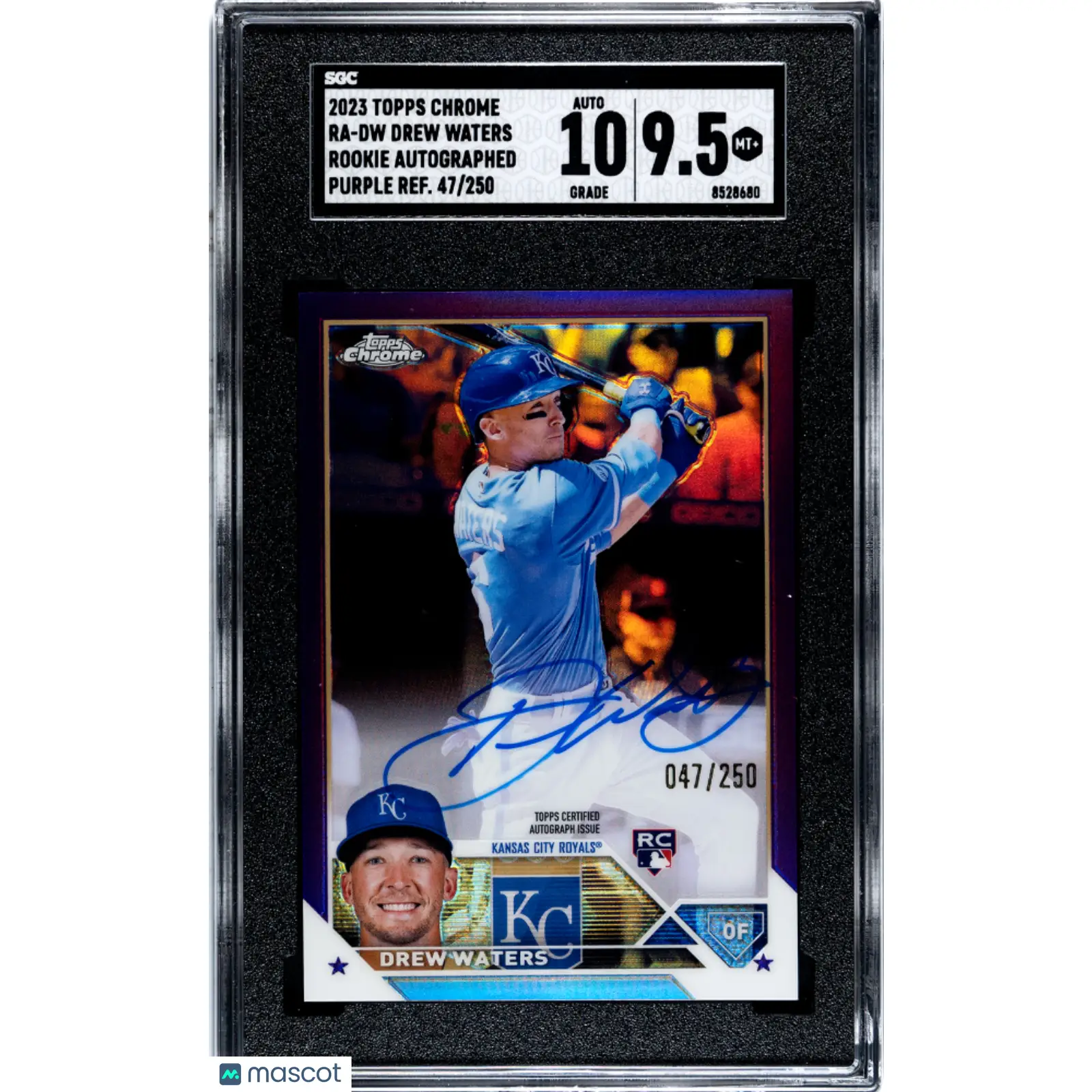 Drew Waters SGC 2023 Topps Chrome 047/250. Autograph Purple Refractor 9.5