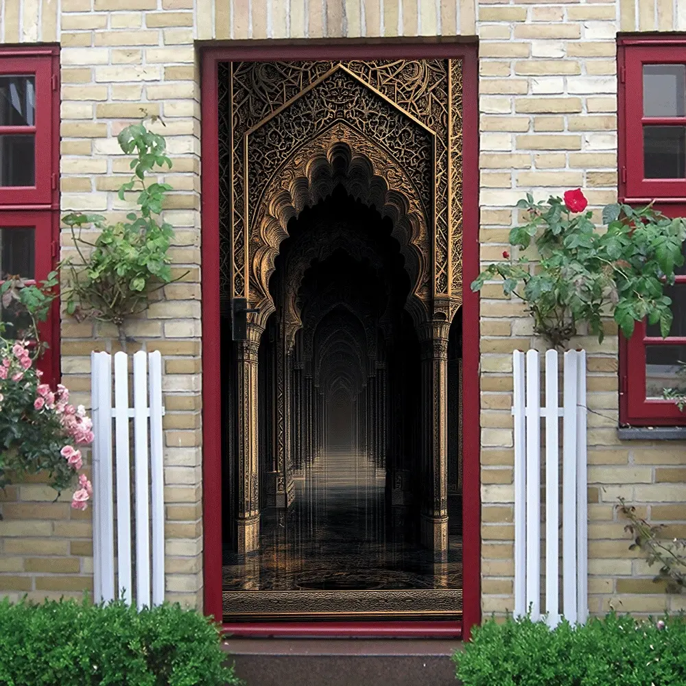 2pcs Islamic Style Decorative Door Wall Sticker with Vintage Gold Patterns, Featuring Classic Archway and Carved Columns, Creating a Mysterious and Profound Exotic Ambiance. High-Definition Printing E