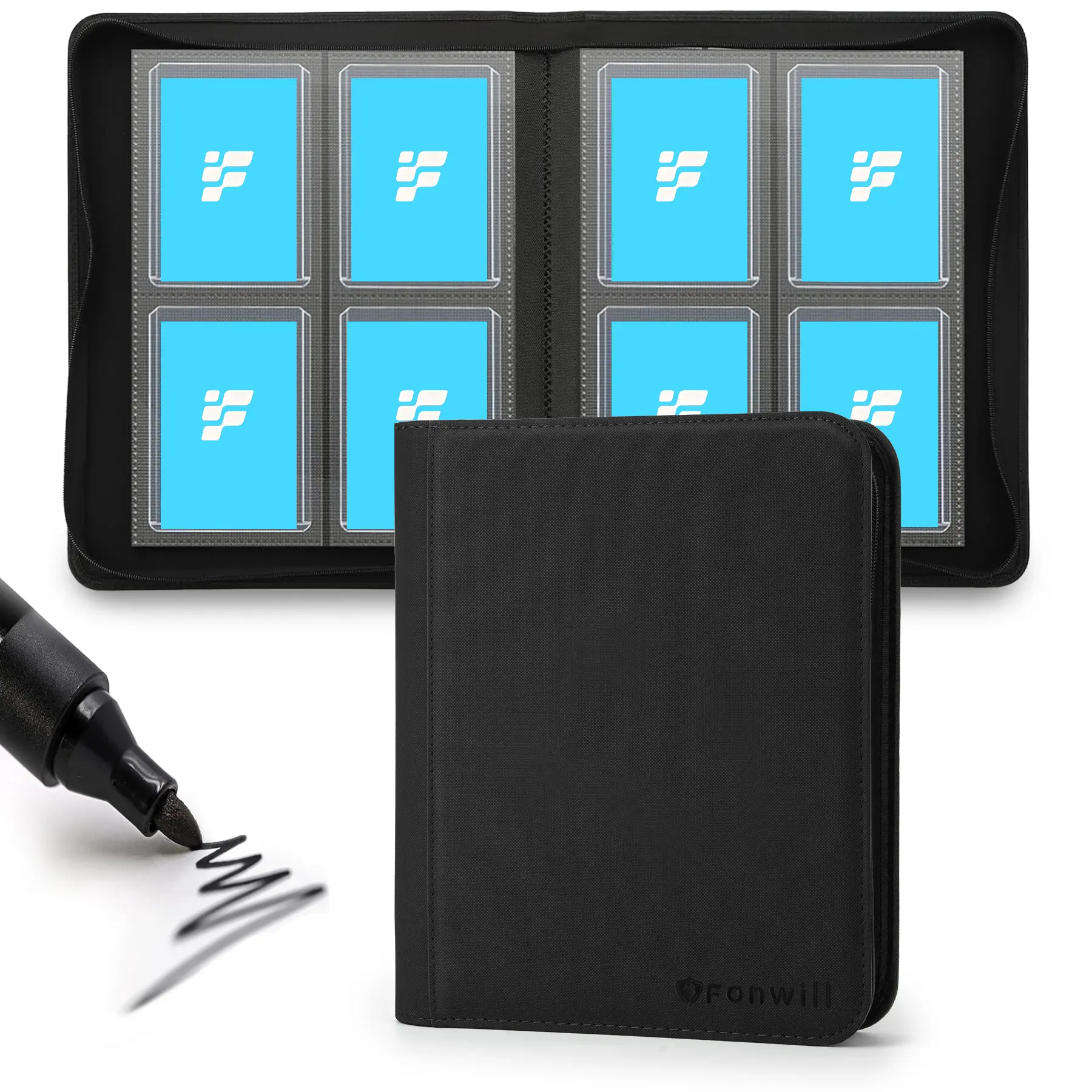 Fonwill 4-Pocket Toploader Binder with PU Cover & Display Window, Ringless Game Card Organizer for 112 Standard Size MTG & Pokémon Cards, Trading Card Storage, Mtg Cards
