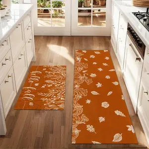 2Pcs Autumn Orange Background Maple Leaf Pumpkin Sketches Floor Mat Set Farmhouse Kitchen Rug Dining Room Flooring Laundry Room Decor Carpet Mat