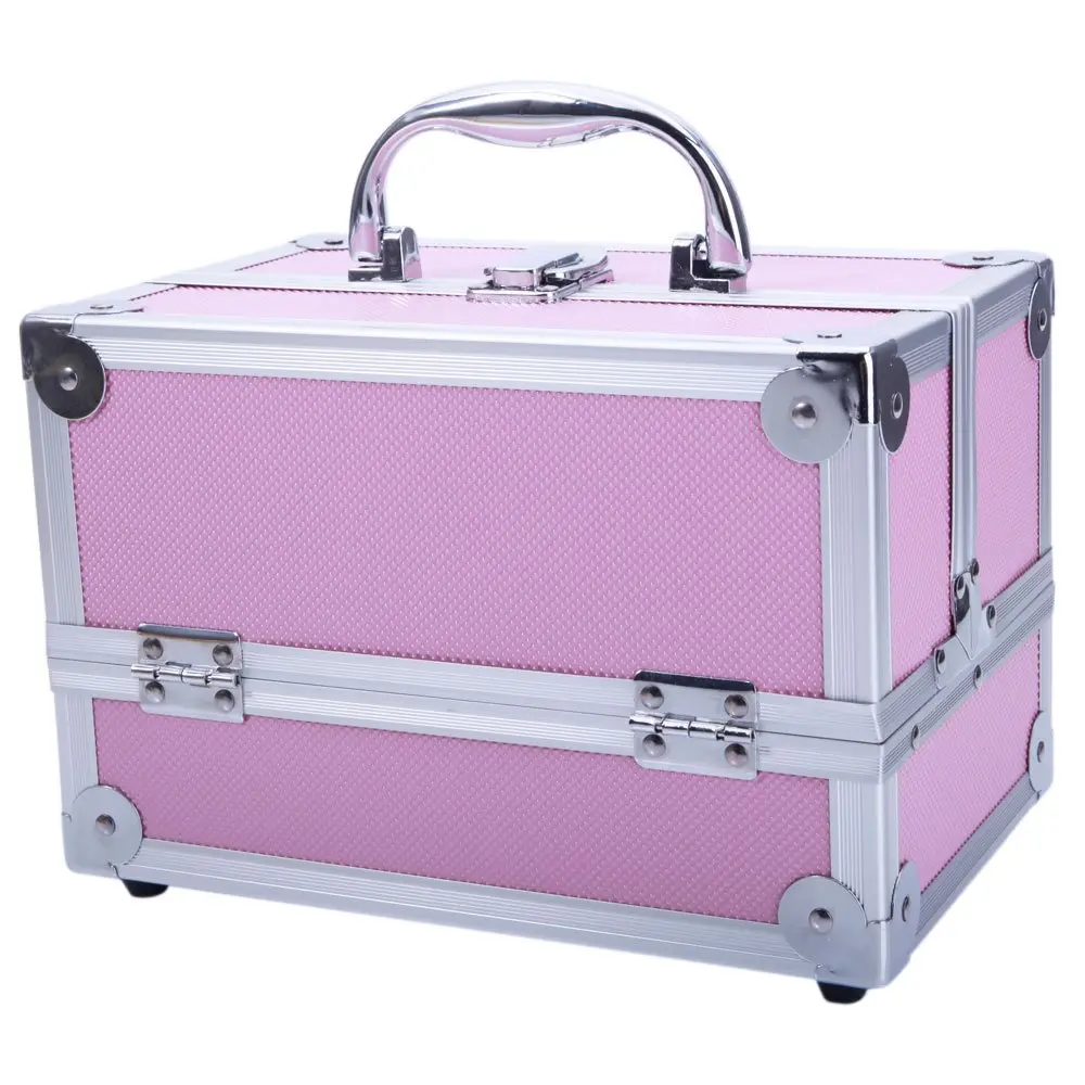 SM-2176 Aluminum Cosmetic Organizer Pouch with Mirror, ABS Surface, Accordion-Style Jewelry & Makeup Travel Bag, 9"x6"x6" Pink