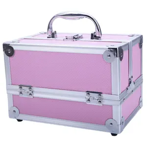 SM-2176 Aluminum Makeup Train Case Jewelry Box Cosmetic Organizer with Mirror 9"x6"x6" Pink
