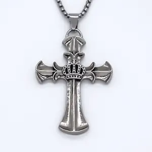 Stainless Steel Necklace, Stylish Light Luxury Cross & Crown Pendant, Versatile Necklace for Men and Women