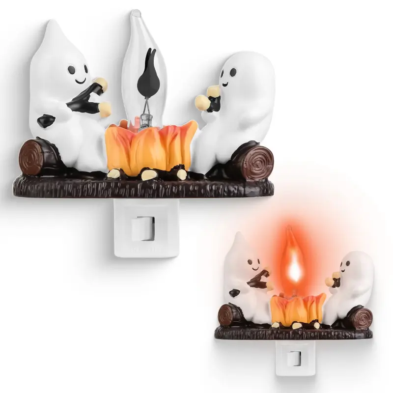 2Pcs Ghost Campfire Flickering Night Light, 3D LED Plug-In Resin Halloween Nightlight with Warm Flame for Bedroom Indoor Fall Decor