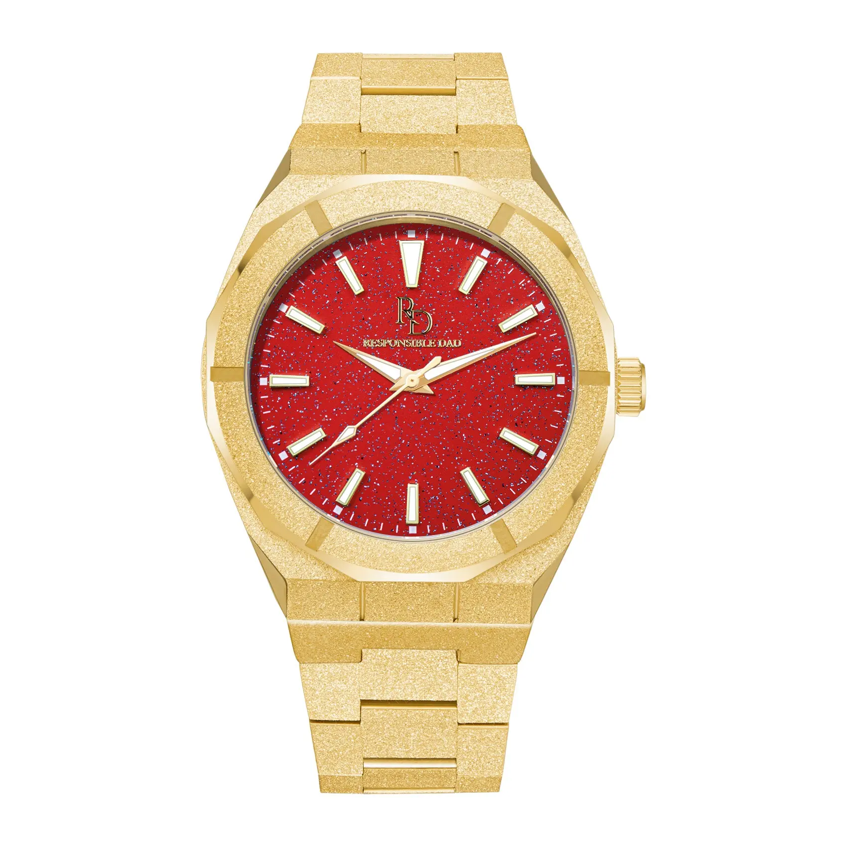 Gold Luxury Watch for Men — Frosted AlphaDad RD63 | Sapphire Crystal, Red Dial, 45mm