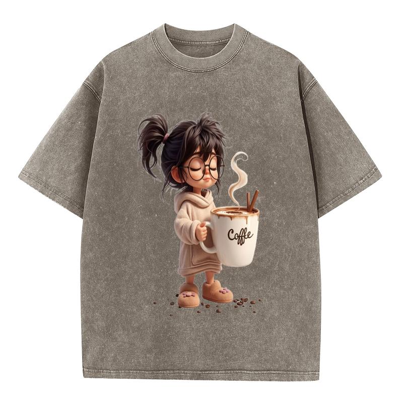 Women's Plus Size Combed Cotton T-Shirt - Cute Retro Coffee Girl Graphic, Vintage Oversized, Short Sleeve Crew Neck, Casual Beach Lady Top with Soft Fabric