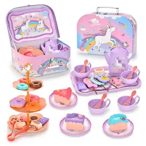 Afternoon Tea Party Set, 1 Set Simulated Pretend Play Tea Pot & Dessert & Cake & Tea Cup & Tea Tray & Play Kitchen Accessories, Role Play Toy for Birthday Gifts