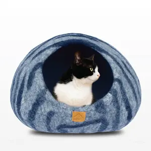 HAUSSIMPLEWOOL Wool Cat Cave House Bed Gray Tiger - Unique Design with Tiger Feature, 100% Natural New Zealand Merino Wool, Cozy Seclusion for Cats, Handmade in Nepal