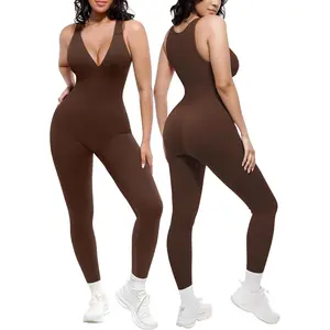 Tummy Control Workout Jumpsuits for Women One Piece Comfy Yoga Outfits V Neck Sleeveless Bodycon Pants Romper