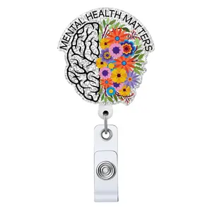 Mental Health Matters Black Retractable Badge Reel with ID Clip Name Tag Card Gift for Nurses Doctor Brain Neurologist Medical Office Social Worker Alligator Clip