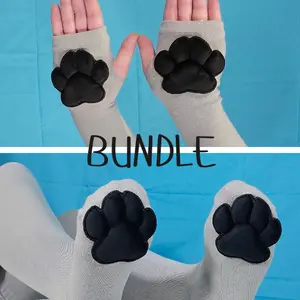 Grey Thigh High Cat Paw Socks & Glove Set– Black Plush Paw Pads