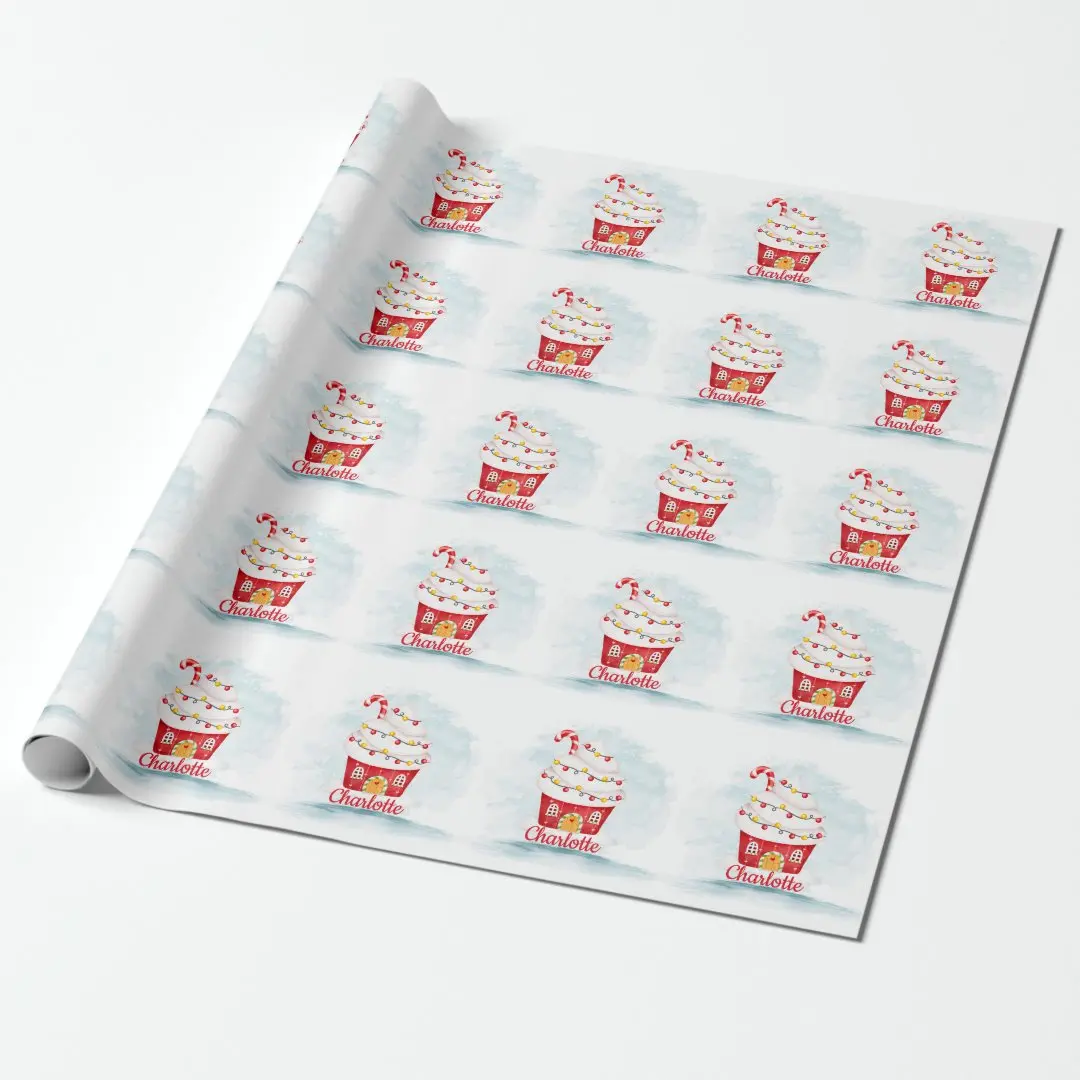 Personalized Cute Cupcake House Girly Christmas Wrapping Paper, Vintage Preppy Xmas Wrap Roll, Navy Red Green Christmas Gift Wrap for Holiday Season, 2025 Perfect Gift Wrap for Friends, Family & Secret Santa