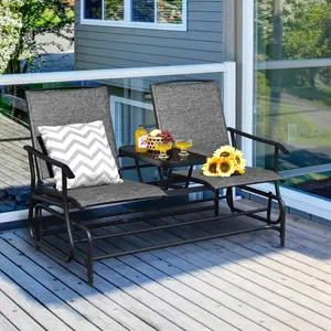COSTWAY Patio Bench Glider Chair with Metal Frame, Center Tempered Glass Table, Outside Double Rocking Swing Loveseat for Porch, Garden, Poolside, Balcony, Lawn Rocker Outdoor Glider Bench