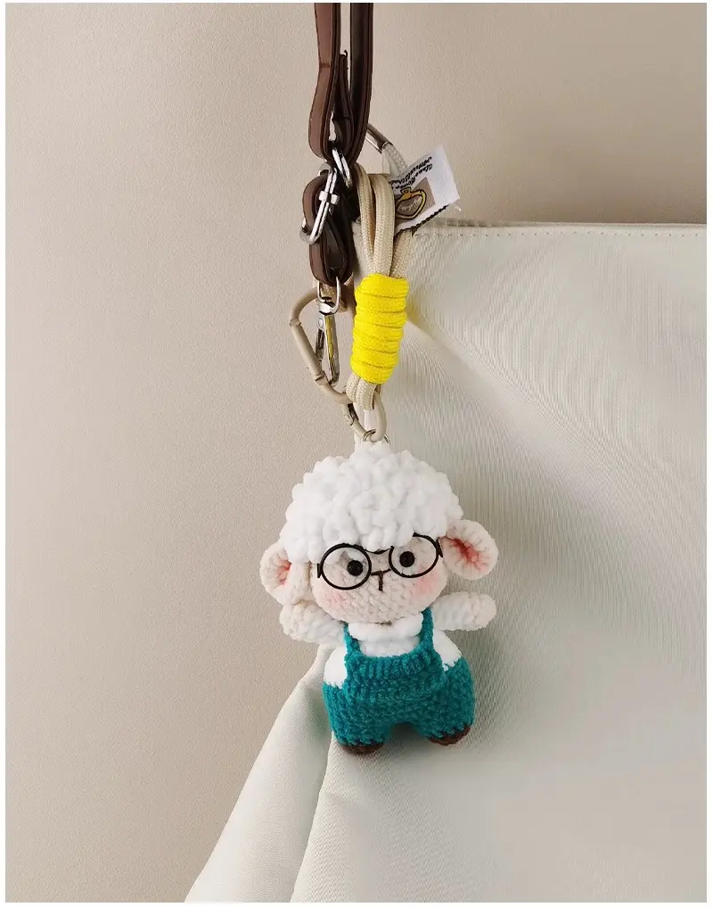 Huggli Handmade Crochet Lamb Keychain with Glasses, Teal Overall Plush Bag Charm for Backpacks, Purses & Keys