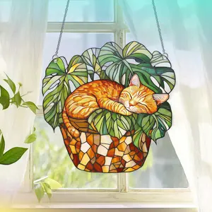 Orange Cat Monstera Suncatcher: Fade Resistant Acrylic Window Hanging