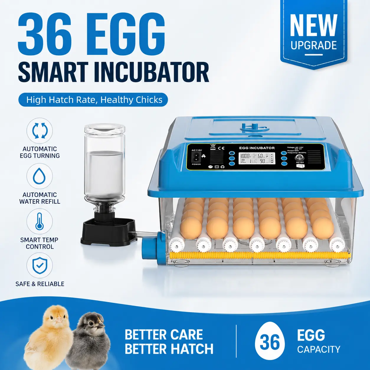 Smart Egg Incubator 16/36 Eggs Capacity for Hatching Eggs, Fully Automatic Turner, Digital Temperature Moisture Control Hatcher for Chicken Poultry