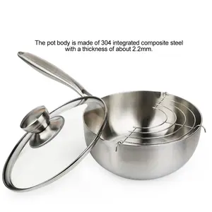 304 Stainless Steel Soup Pot with Oil Rack, Two Sizes Available (20/24cm), Deep Fry Pan, Deep Fryer Pot, Nonstick Kitchen Cookware, Non-Stick, Less Smoke, Universal Gas Induction