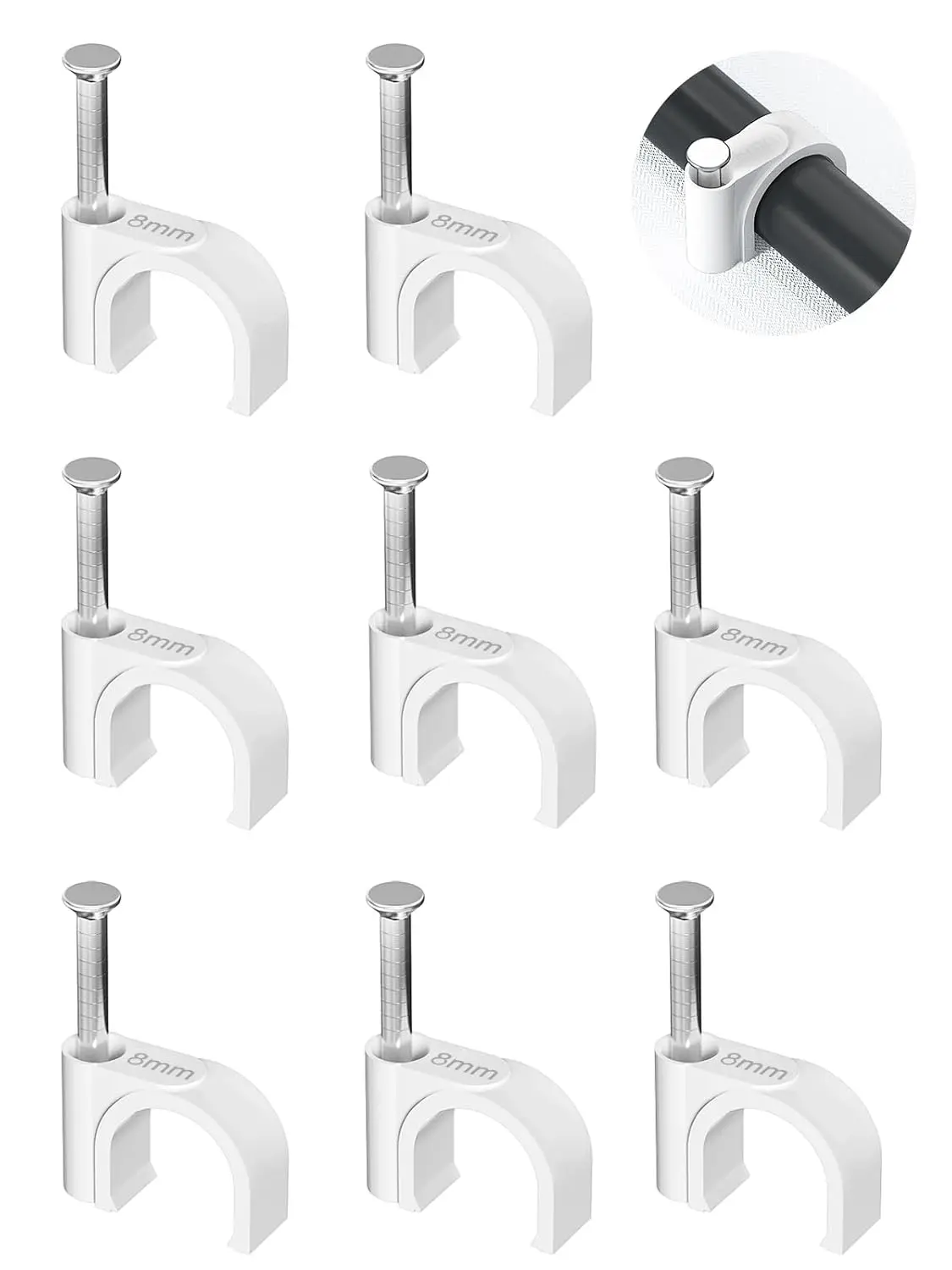 Cable Clips 100Pcs 8mm Nail in Clips for Round Ethernet Cables Wall Clips Cable Tacks Electrical Wire TV Cable Speaker Wire Coax Clips Cable Nails for Cords Cat5/Cat5e/Cat6/Cat7 RJ45 Cord Clips