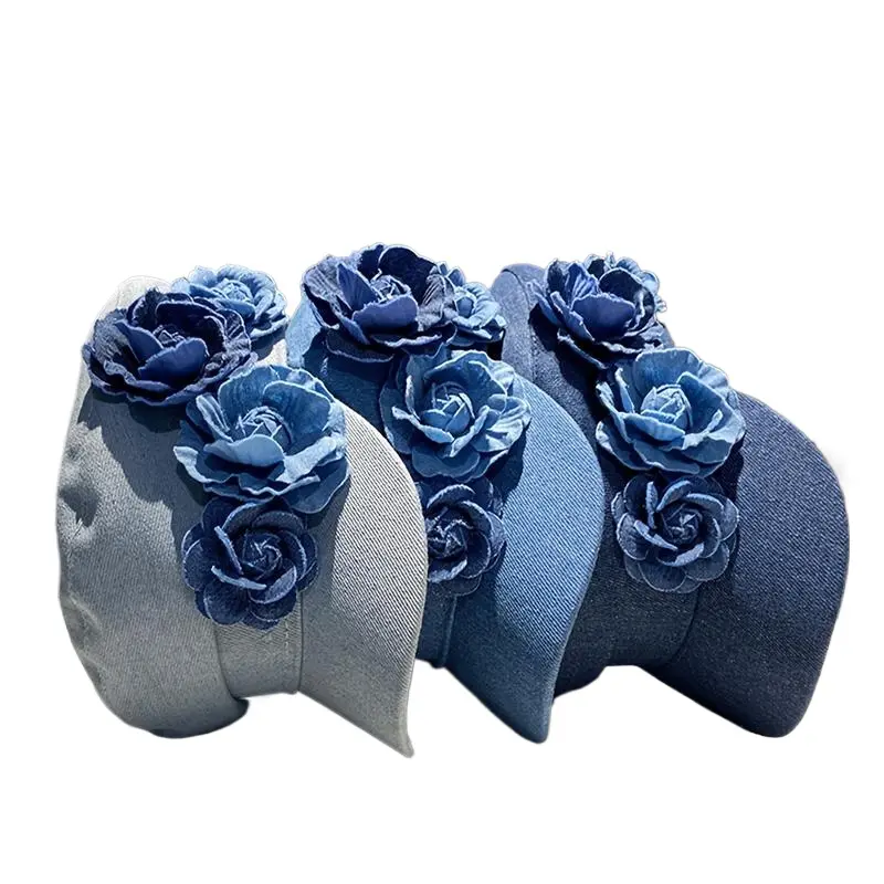 Women's Denim Octagonal Hat, a Sporty Chic Multi-Hat Mix with a Rose Motif - Spring & Autumn Accessory, Denim Fabric, Unisex, 2025 Women's Denim