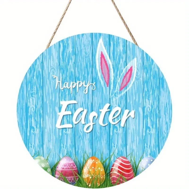 Happy Easter Bunny Wooden Welcome Sign, Rustic Round Hanging Plaque with Colorful Eggs and Grass Design, Farmhouse Decor, 11.8x11.8 Inches