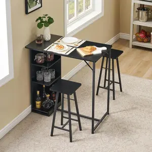 Black 3-Piece Bar Table and Chairs Set, Space-Saving Dining Table with Storage Shelves, Square Bar Table with 2 Bar Stools for Kitchen Breakfast, Living Room, Party Room Apartment Furniture