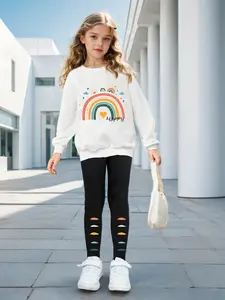 Two-Piece Set Girl's Cartoon Rainbow Print Sweatshirt & Elastic Waist Pants Set, Casual Fashion Drop Shoulder Long Sleeve Pullover & Trousers for Daily Wear, Kids Spring & Fall Clothes, Casual Outfit Set