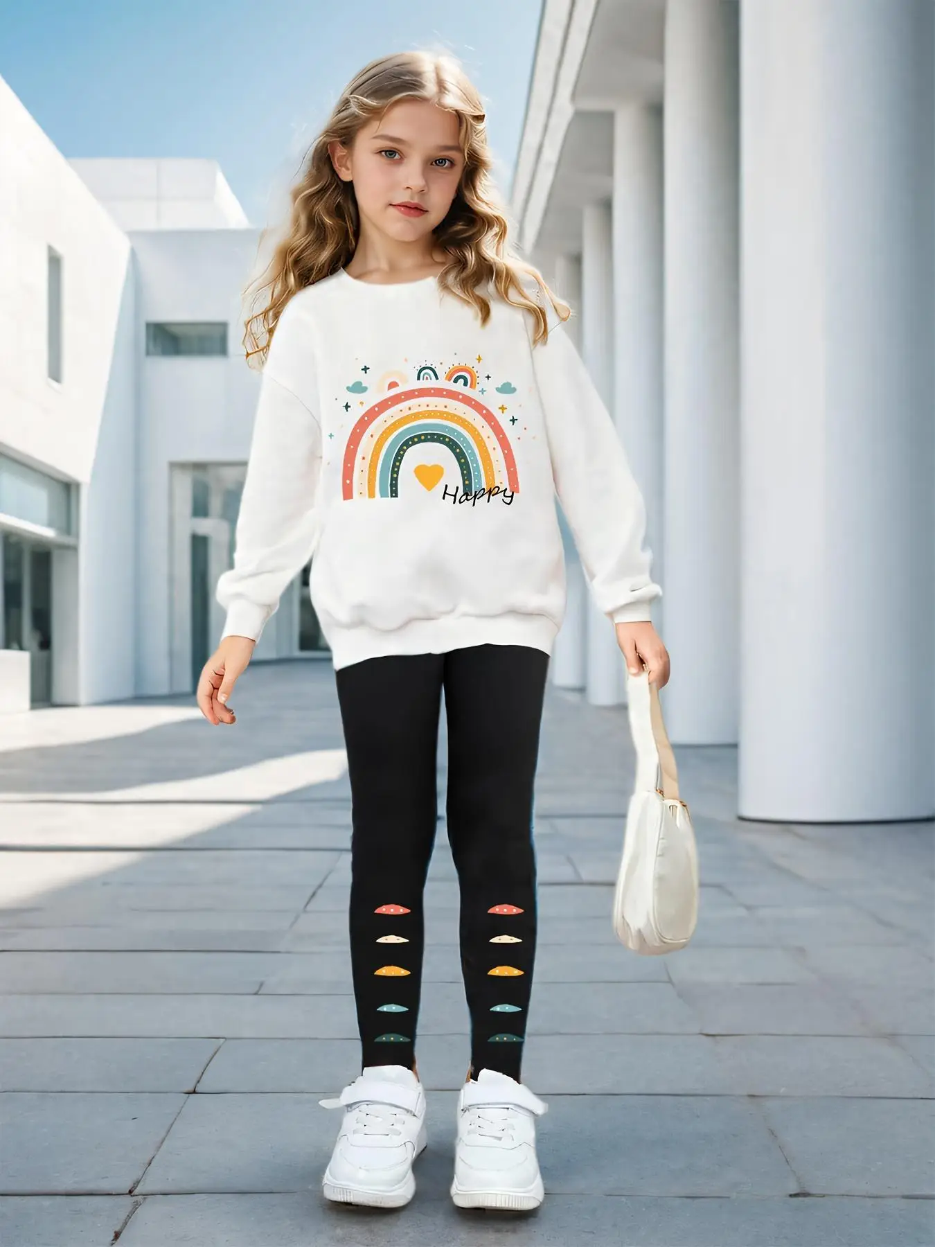 Two-Piece Set Girl's Cartoon Rainbow Print Sweatshirt & Elastic Waist Pants Set, Casual Fashion Drop Shoulder Long Sleeve Pullover & Trousers for Dail