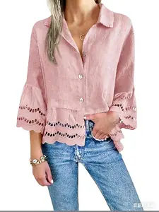 Women's hollow-out shirt, three-quarter bell sleeves, front button design, ruffled hem, elegant shirt