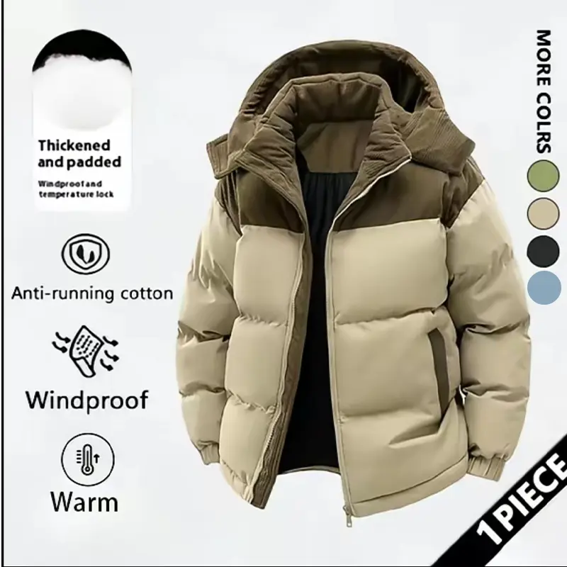 Men’s winter hooded fleece jacket with removable hood, warm color-block cotton coat, couples’ winter cotton zip-up top, thick, warm, cold-resistant cotton jacket suitable for everyday outings and casual gatherings